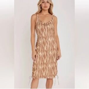 Backyard Roses Ryder Midi Dress Womens Tan‎ Brown Abstract Print Ruched Cinch S